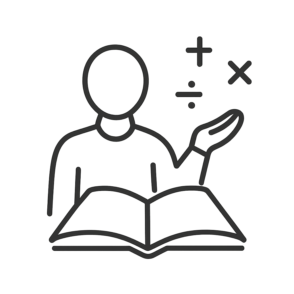 ${text {" A person is reading a book with mathematical symbols to the right, perhaps indicating the topic of the book."}}